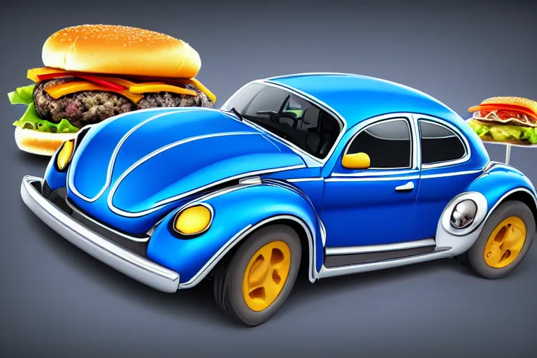 Image similar to a blue beetle car with burgers for wheels, digital art 4 k,