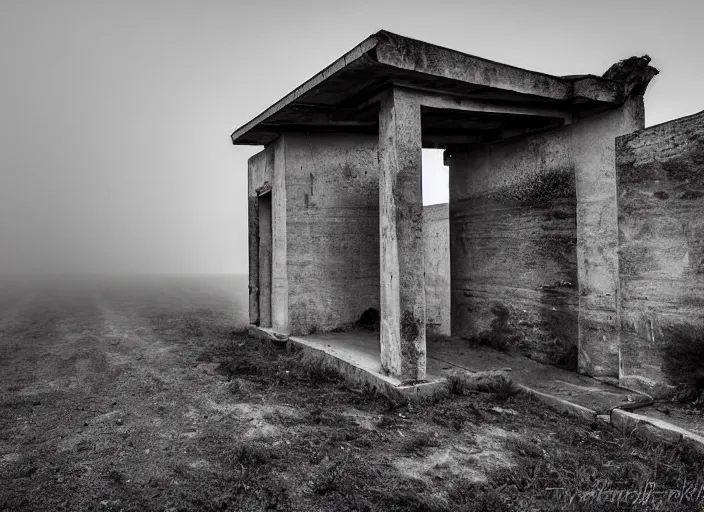 Image similar to high resolution black and white photography with a 3 5 mm f / 2 2. 0 lens of architectural building blocks bulgaria in the middle of nowhere in the 8 0's, there is fog. fine art photography and very detailed