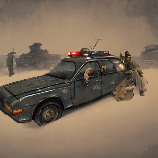 Image similar to a highly detailed epic cinematic concept art CG render digital painting artwork: dieselpunk Soviet 1980s police patrol car. By Greg Rutkowski, Ilya Kuvshinov, WLOP, Stanley Artgerm Lau, Ruan Jia and Fenghua Zhong, trending on ArtStation, subtle muted cinematic colors, made in Maya, Blender and Photoshop, octane render, excellent composition, cinematic atmosphere, dynamic dramatic cinematic lighting, precise correct anatomy, aesthetic, very inspirational, arthouse