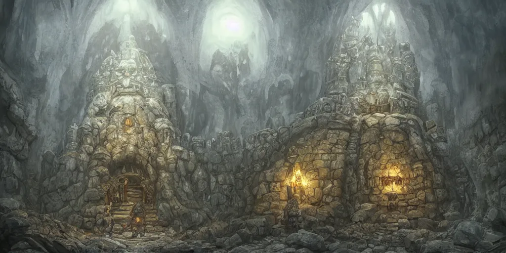 Prompt: An underground dwarven temple as lord of the rings concept art, cavern, beautiful, dwarven architecture, concept art by Viktor Vasnetsov, concept art, Lord of the Rings Moria, dark lighting, soft pastel by Ivan Shishkin, Dimitri Desiron and Antonio Lopez Garcia, hyperborea, high resolution, trending on artstation,