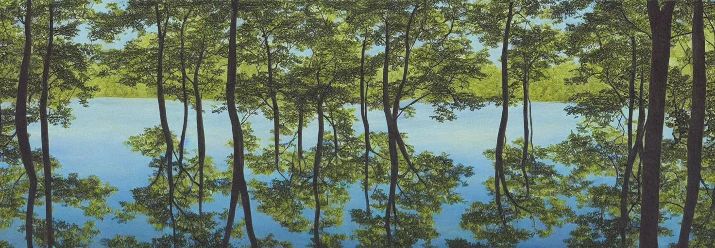 Image similar to escher painting of a lake, big trees reflecting on lake surface, ultra sharp, ultra detailed, colorized by salvador