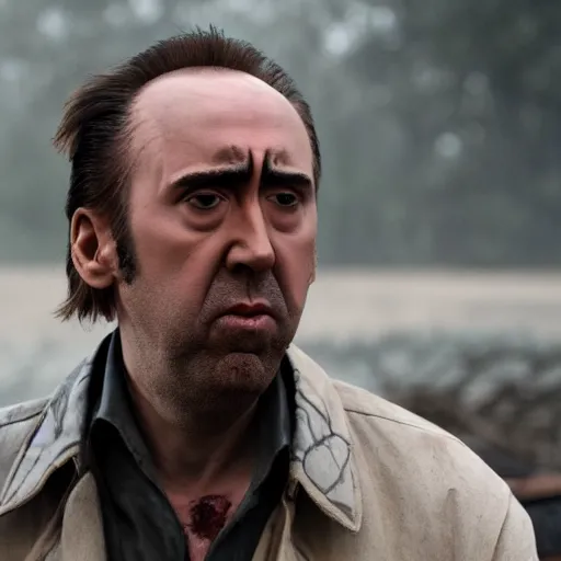 Image similar to nic cage but he is emaciated and starving to death, movie still, hd digital photography