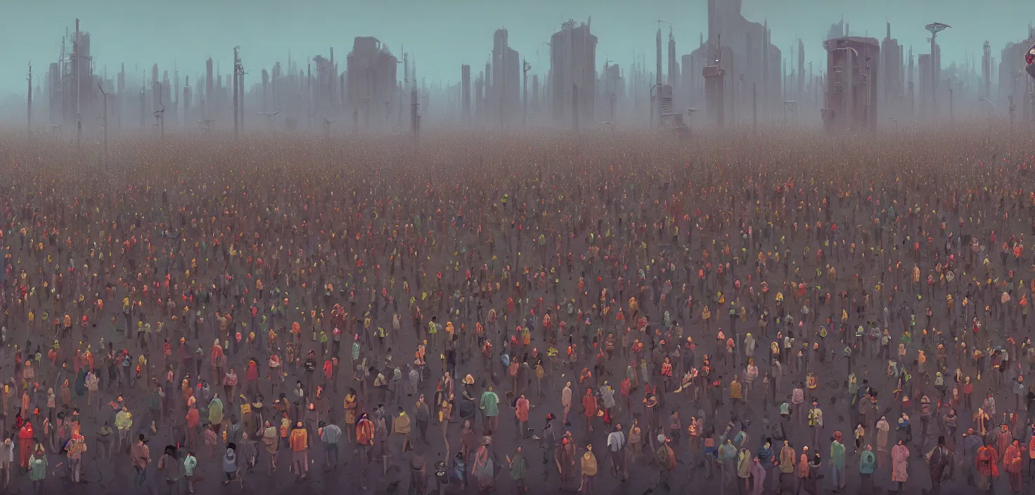 Prompt: an intricate matte painting of crowd of people by simon stalenhag, trending on artstation