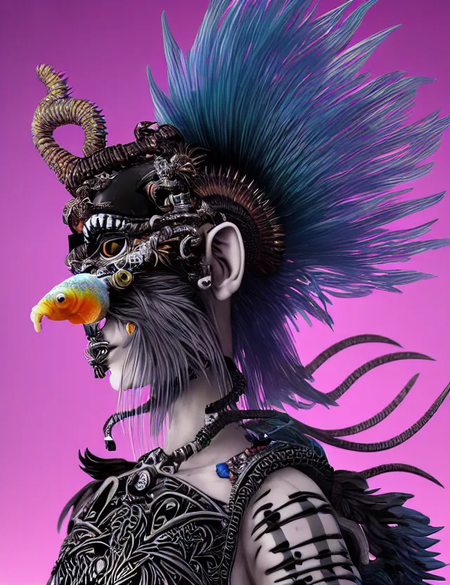 Image similar to 3 d goddess close - up profile simple portrait punk with mohawk with goat skull. beautiful intricately detailed japanese crow kitsune mask and clasical japanese kimono. betta fish, jellyfish phoenix, bio luminescent, plasma, ice, water, wind, creature, artwork by tooth wu and wlop and beeple and greg rutkowski