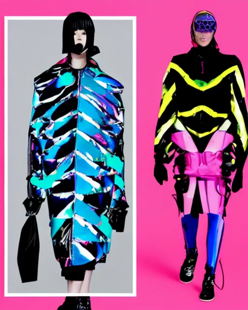 Image similar to a leaked screenshot of Balenciaga's fall 2049 campaign, prismatic, dazzle camouflage!, dayglo pink, dayglo blue, Bladerunner, cyberpunk