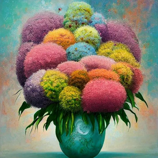 Image similar to This painting is a large canvas, covered in a wash of color. In the center is a cluster of flowers, their petals curling and twisting in on themselves. The effect is ethereal and dreamlike, and the overall effect is one of serenity and peace. kokedama by Nikolina Petolas, by Krenz Cushart, by Syd Mead wondrous