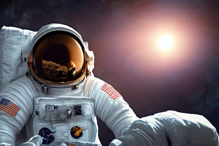 Image similar to astronaut in space wearing a spacesuit floating, earth in background, highly detailed, photorealistic portrait, bright studio setting, studio lighting, crisp quality and light reflections, unreal engine 5 quality render