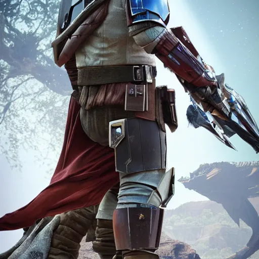 Image similar to The Mandalorian in Monster Hunter World, highly detailed, high quality, HD, 4k, 8k, Canon 300mm, professional photographer, 40mp, lifelike, top-rated, award winning, realistic, sharp, no blur, edited, corrected, trending