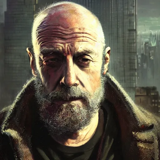 Image similar to cyberpunk, closeup portrait of a shaggy old cyberpunk broker, bald, tired eyes, tattered tweed jacket, dramatic light, city background, sunset, dystopian setting, high contrast, sharp, neuromancer, the finn, painted by stanley lau, painted by greg rutkowski, painted by stanley artgerm, digital art, trending on artstation