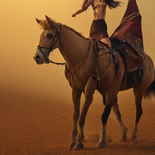 Image similar to ultra - photorealistic, middle eastern woman driving horse and handling weapon, dust, yellow cinematic, 4 k, 8 0 0 mm, uhd, vogue, winning photo of the year, sharp focus, intricate, hyperdetailed