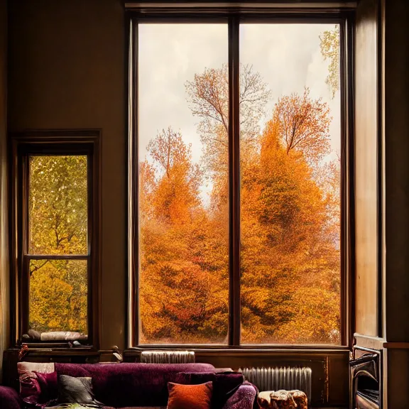 Image similar to fantastical living room with autumn chicago landscape in the window by marc adamus, beautiful dramatic lighting, overgrown with funghi, coat rack with coat hanging off, style by peter deligdisch, peterdraws