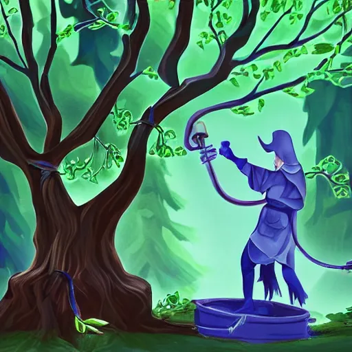 Image similar to a sorcerer holding secateurs in hand, preparing to cut a magic tree with its sap to summon a powerful being to aid them in their work, digital art