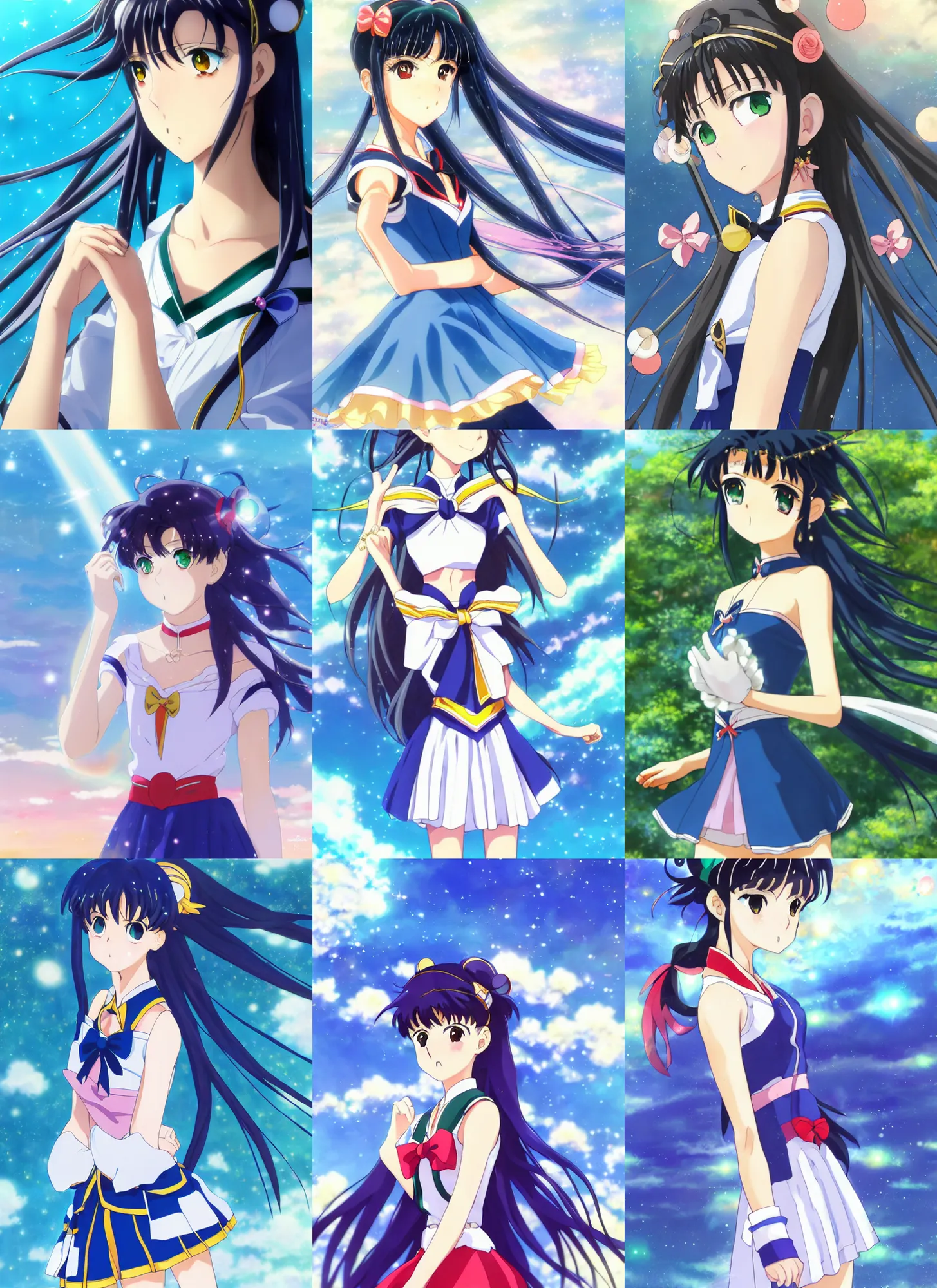 Prompt: beautiful anime art by Makoto Shinkai, Rating: General, Tags: kachin bishoujo_senshi_sailor_moon sailor_moon tsukino_usagi highres 1girl blue_eyes blue_skirt bow choker circlet collarbone crescent crescent_choker crescent_earrings crescent_moon diffraction_spikes double_bun earrings gem glint gloves hair_bun jewelry long_hair moon open_mouth pointing pointing_at_viewer pose red_bow red_choker skirt sky solo star_(sky) starry_sky, twintails white_gloves