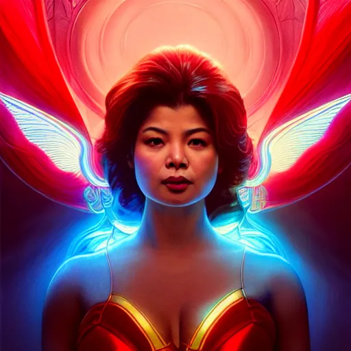 Image similar to angel locsin as darna, volumetric lights, red and cyan theme, art nouveau botanicals, intricate, highly detailed, digital painting, artstation, concept art, smooth, sharp focus, cinematic, illustration, beautiful face, art by artgerm and greg rutkowski and alphonse mucha