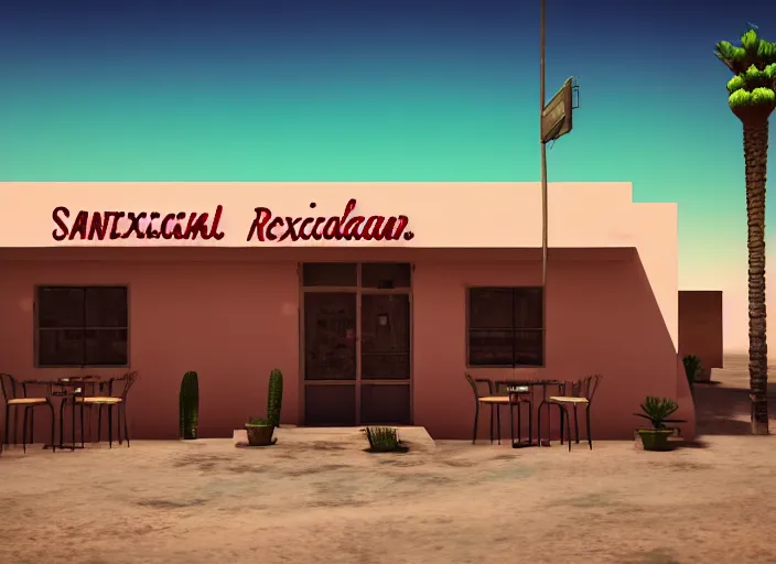 Image similar to realistic exterior photo of a mexican restaurant, vaporwave, in a flat barren desert. sandstorm, 15mm. Very detailed 8k. Sharp. Cinematic post-processing. Unreal engine. Nanite. Ray tracing. Parallax. Tessellation