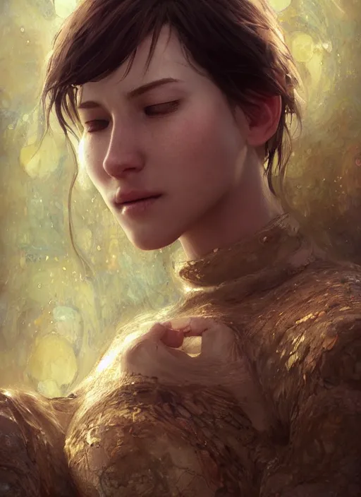 Image similar to a female looking directly while her left eye is closed and the other is open, naturel, hyper detailed, digital art, trending in artstation, cinematic lighting, studio quality, smooth render, unreal engine 5 rendered, octane rendered, art style by klimt and nixeu and ian sprigger and wlop and krenz cushart