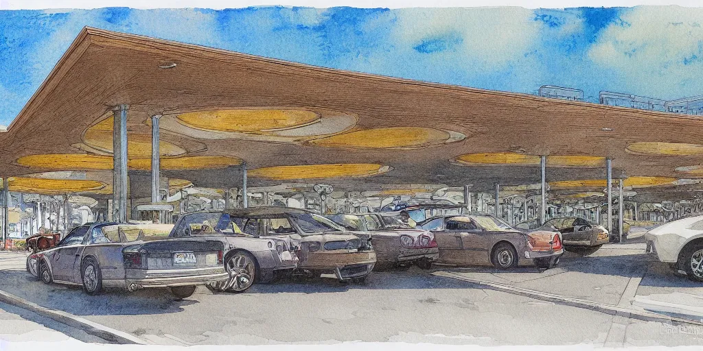 Prompt: a hiper intricate watercolor of a beatifull modern parking station, extremely detailed, sharp focus, wide view, smooth, digital illustration, colorfull, by william turner art, by greg rutowski, by carl larson, by edmund dulac