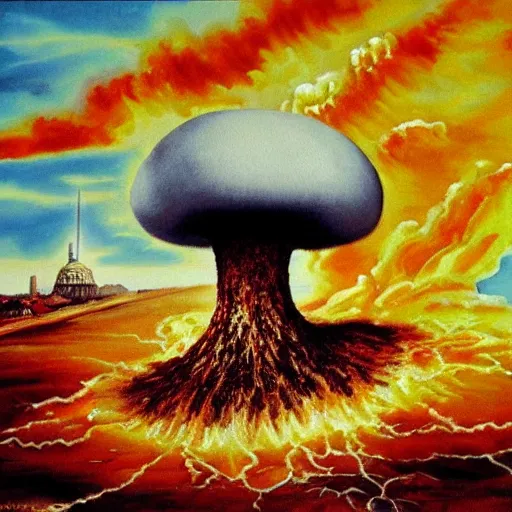 Image similar to nuclear mushroom cloud, fall of rome, epic painting