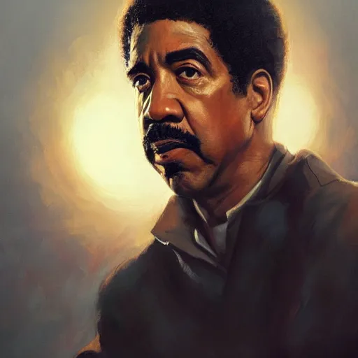 Prompt: closeup portrait of richard pryor, dramatic lighting, city background, chiaroscuro, high detail, painted by greg rutkowski, painted by igor kieryluk, painted by bobby chiu, trending on artstation