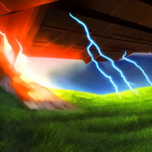 Image similar to dutch angle shot, one man, real, shaggy rogers, powering up like in dragon ball z, lightnings, real, realistic, cinematic,, god rays, lightnings