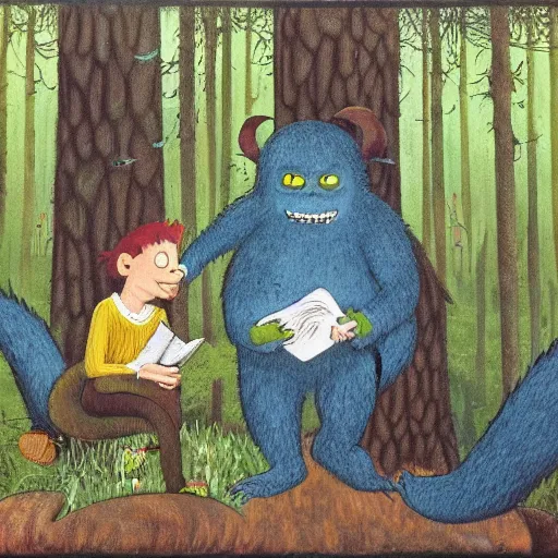 Image similar to monster reading a book in a forest, where the wild things are, bicycle nearby, oil on canvas, calm, maurice sendak