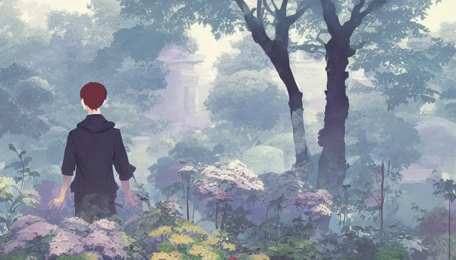 Image similar to ilya kuvshinov illustration of a boy bored in a temple garden filled with yokai and spirits, spirits in the garden, hazy and misty, magical feeling, uhd, high detail, by ilya kuvshinov