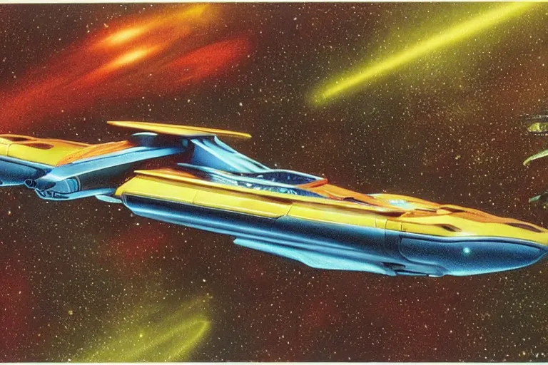 Prompt: elegant spaceship cruising between plants, fluid, smooth, bright saturated colours, high contrast, sharpness, very detailed, intricate, by angus mckie, colin hay, stewart cowley, john berkey