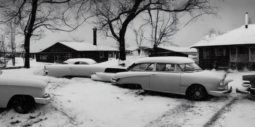 Prompt: detailed sharp photograph in the style of popular science circa 1 9 5 5 and gregory crewdson of a 1 9 5 0 s trailer park mid winter storm