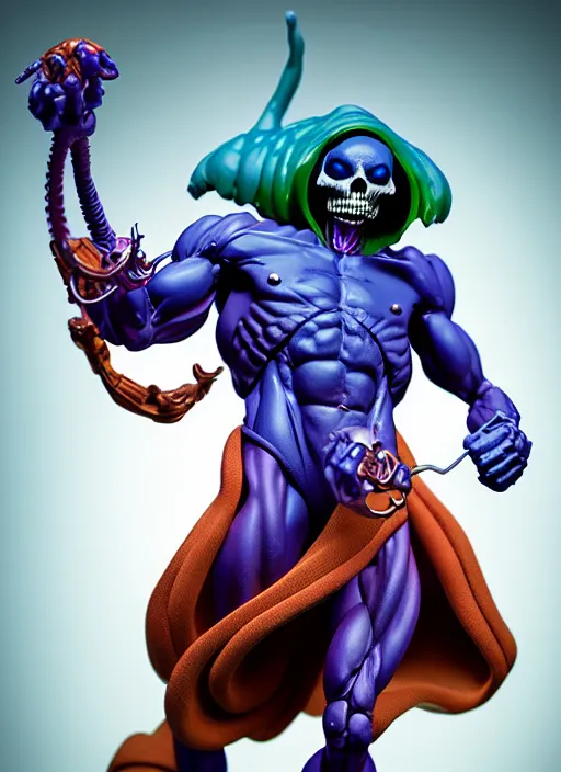 Image similar to hyperrealistic rendering, skeletor by bernie wrightson and killian eng and joe fenton, product photography, action figure, sofubi, studio lighting, colored gels