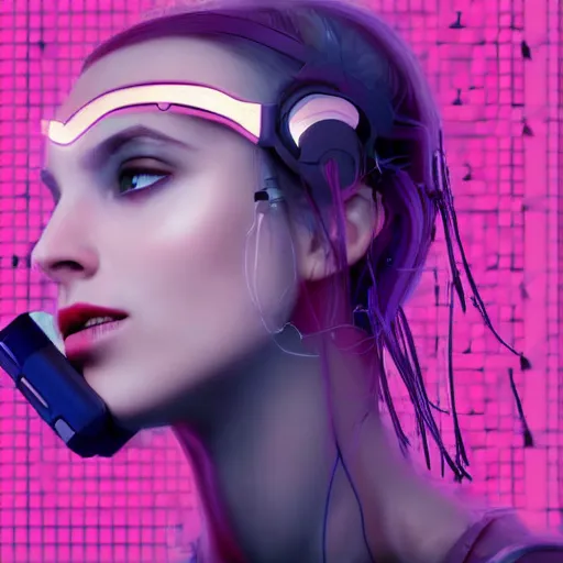 Image similar to a cyberpunk girl with a scifi neuralink device on her head