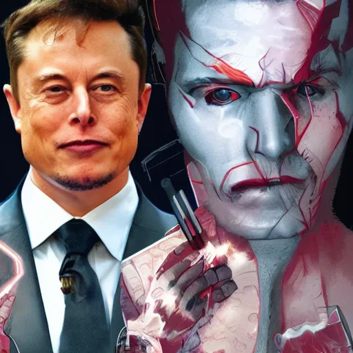 Prompt: elon musk is two face, harvey dent from batman, one face side has dragonskin fantasy sharp focus intricate elegant digital painting