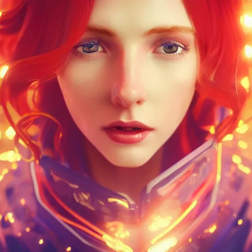 Prompt: highly detailed close up portrait of a red-haired young woman wearing a futuristic blue tunic, floating in a field of glowing golden tentacles, octane render, trending on artstation, by Artgerm,Greg Rutkowski,Alphonse Mucha, 4k resolution