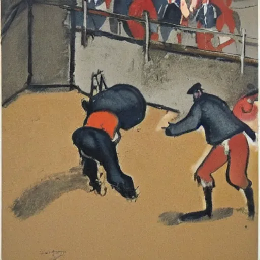Prompt: by norman cornish extemporaneous, dignified. a print of a bullfight in spain. the print is set in an arena with spectators in the stands. several figures in the print, including a matador & a bull.