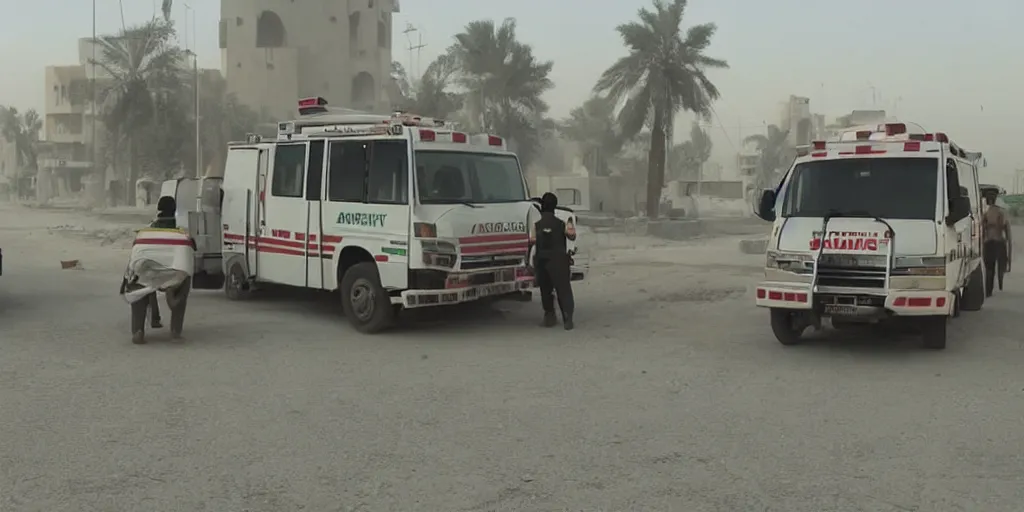 Image similar to arabic ambulance attending emergency in pakistan city, light cinematic, volumetric, realistic, cinematic lighting, hyper realistic