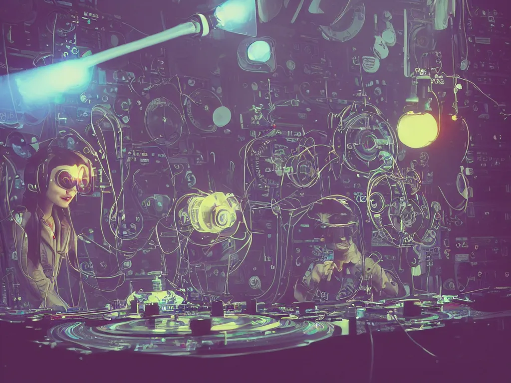 Image similar to a person wearing goggles and visor and headphones using a steampunk record player contraption, wires and tubes, turntablism dj scratching, intricate planetary gears, cinematic, imax, sharp focus, leds, bokeh, iridescent, black light, fog machine, hazy, lasers, art by simon stalenhag and beeple