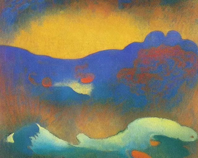 Prompt: A wild, insane, modernist landscape painting. Wild energy patterns rippling in all directions. Curves, organic, zig-zags. Saturated color. Mountains. Clouds. Rushing water. Waves. Psychedelic dream world. Odilon Redon.