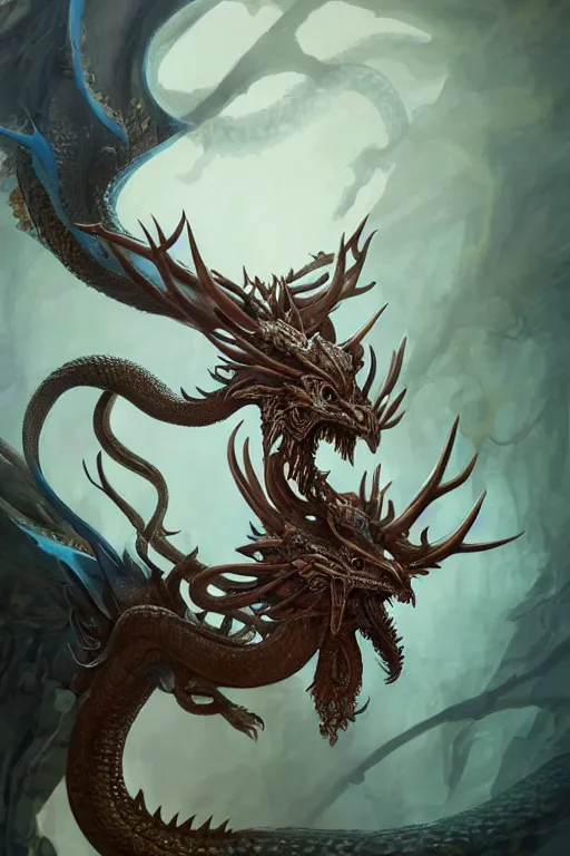 Prompt: cyan the complete dragon has a chinese dragon head, antlers, snake body, and eagle claws. the center of the picture hybrid fantasy, intricate, elegant, highly detailed, digital painting, artstation, concept art, matte, sharp focus, illustration by peter mohrbacher justin gerard zhang yu