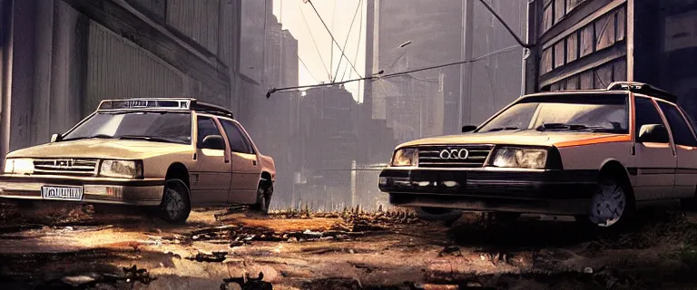 Image similar to Scrap Audi 80 B3 Avant (1988) facing a strider, Half-Life 2: Episode 2 (PC), a post-apocalyptic outland, dramatic lighting, cinematic, establishing shot, extremely high detail, photorealistic, cinematic lighting, artstation, by simon stalenhag
