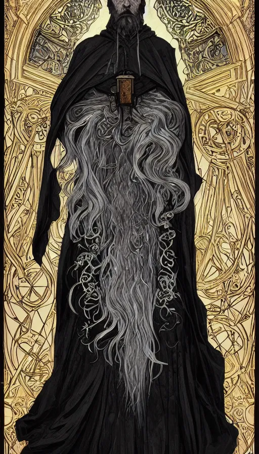 Image similar to one old man wore a black cloak, a black cloak and a white beard, highly detailed, very intricate, art nouveau, gold filigree, left right symmetry, tarot concept art watercolor illustration by mandy jurgens and alphonse mucha and alena aenami, featured on artstation