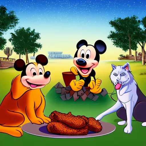 Image similar to animals sit around the fire and fried chicken in disney styles