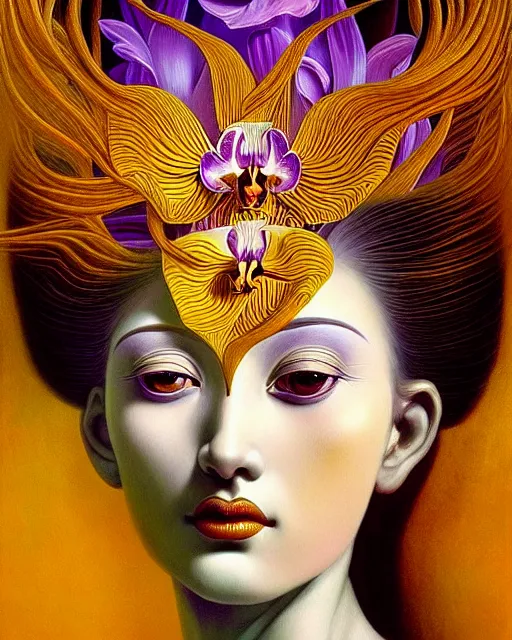 Image similar to portrait of the beautiful young goddess of orchids, unusual beauty, etheric, outworldly colours, emotionally evoking symbolic metaphors, head in focus, fantasy, ornamental, intricate, elegant, highly detailed hyperrealistic painting, artstation, concept art, painterly, golden ratio, sharp focus, illustration, art by salvador dali,