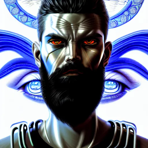 Image similar to bearded man with extremely large and intricate eye cyberpunk bionics with angry blue eyes and slim features looking askance, eye cyberpunk bionics, retro futurist style, intricate, elegant gleaming intricate baroque jewelry, angelic halo, highly detailed, digital painting, artstation, concept art, smooth, sharp focus, illustration, art by wlop, mars ravelo and greg rutkowski,