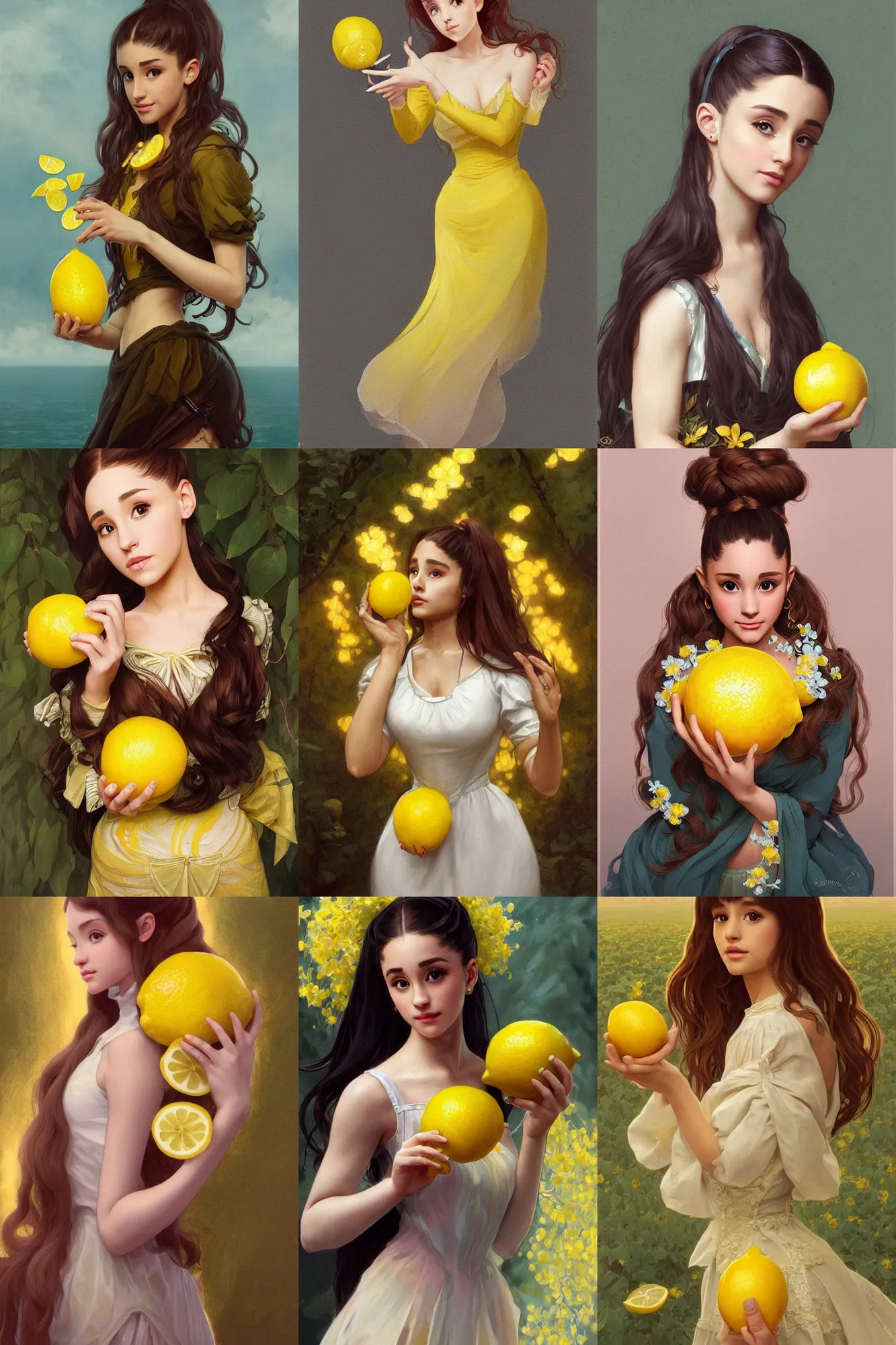 Prompt: beautiful cottagecore Ariana Grande holding a Yellow Lemon, intricate, elegant, highly detailed, digital painting, artstation, concept art, smooth, sharp, focus, illustration, art by artgerm and greg rutkowski and alphonse mucha