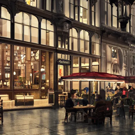 Image similar to busy cafe in a rainy victorian city, 8k, ultrarealistic, ultra hd, gloomy, photorealistic