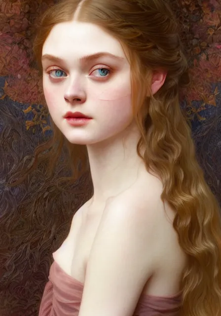 Image similar to sansa elle fanning, intricate, elegant, highly detailed, digital painting, artstation, concept art, smooth, sharp focus, illustration, art by artgerm and greg rutkowski and alphonse mucha and william - adolphe bouguereau