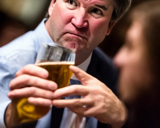 Prompt: photo of brett kavanaugh staring longingly at beer, 5 0 mm f / 2. 8, dramatic, color photo, emotional