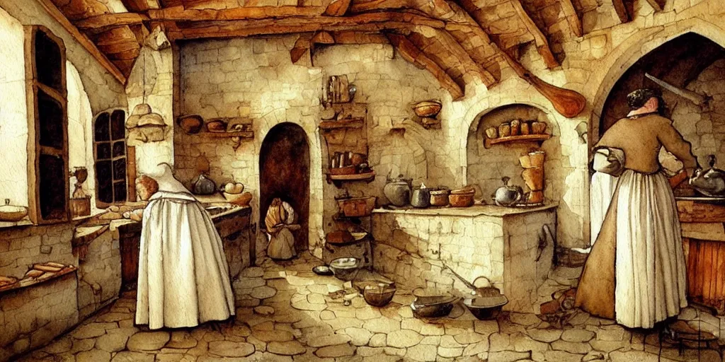 Image similar to medieval kitchen, wide angle, exquisite masterpiece watercolor painting