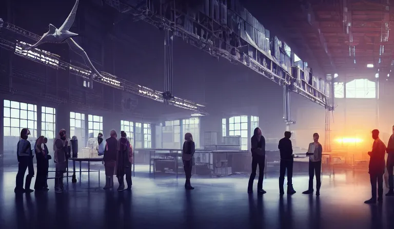 Image similar to group of people in simple warehouse, around a hologram of futuristic city on a table, cinematic concept art, godrays, golden hour, natural sunlight, 4 k, clear details, tabletop model buildings, center model buildings, hologram center, crane shot, crane shot, crane shot