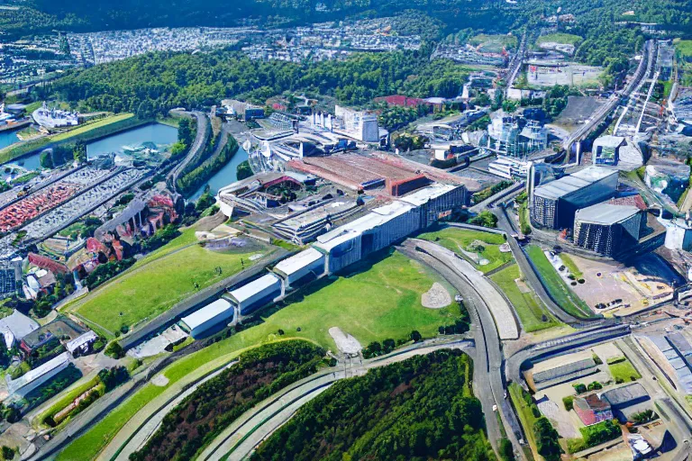 Image similar to bird's eye view photography of a small city. town hall, central farm, monorail station, inlet and shipping dock. hills, woods and pond to the north.