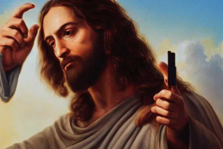 Image similar to real life photo of Jesus Christ holding a pistol shooting the devil satan lucifer of hell, 8k, hyperrealistic, very detailed, clean, professional photography, epic composition, side profile, high contrast, upscaled, god rays